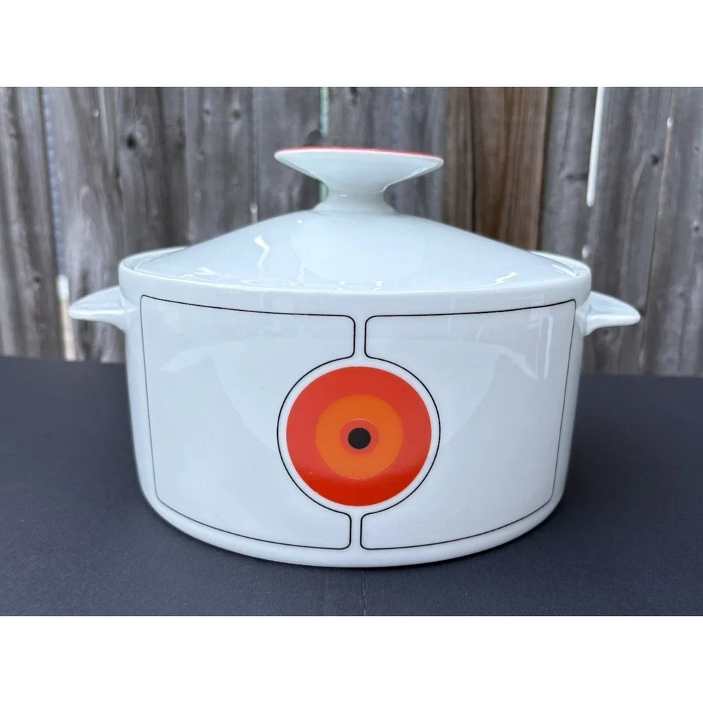 Vintage HTF Renner Medallion casserole dish orange op art design 1970's damage